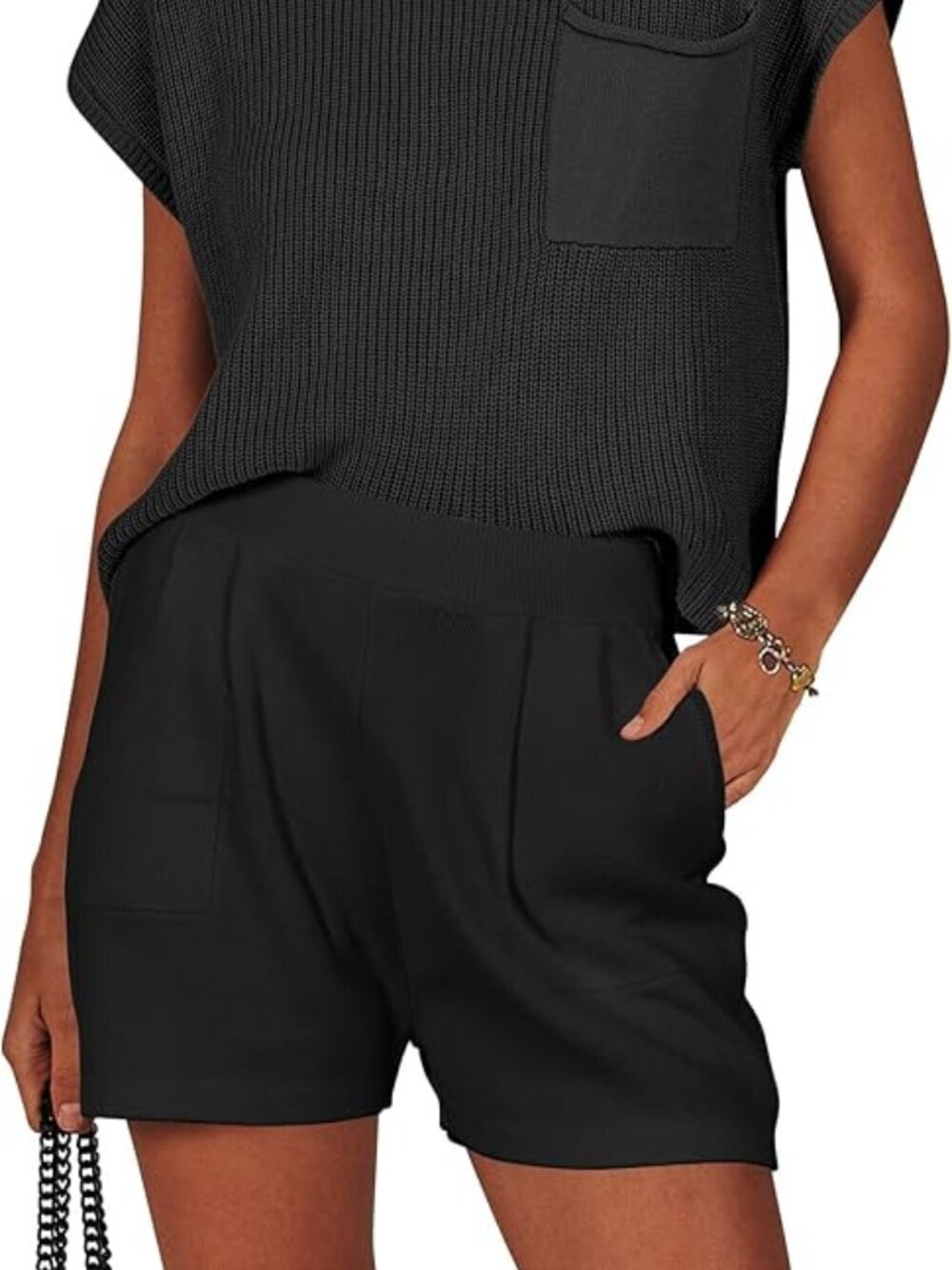 NWT Zesica Short Sleeve Mock Neck Knit Pullover Top and Shorts Set XL Black - Picture 3 of 12